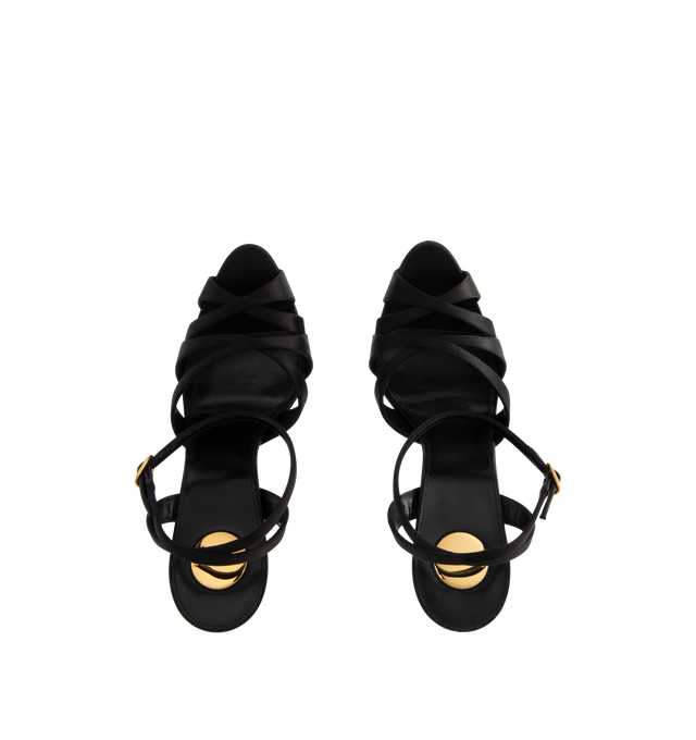 Image 4 of 4 - BLACK - SAINT LAURENT Chandelle Platform Sandals in satin crepe featuring platform sandals with a crisscrossed almond toe, covered block heel, an adjustable ankle strap, certified silk and viscose, leather sole and round saint laurent-engraved metal plaque on the insole. Total heel height: 5.5 inches. Platform height: 1.2 inches. Viscose/silk. Made in Italy. 