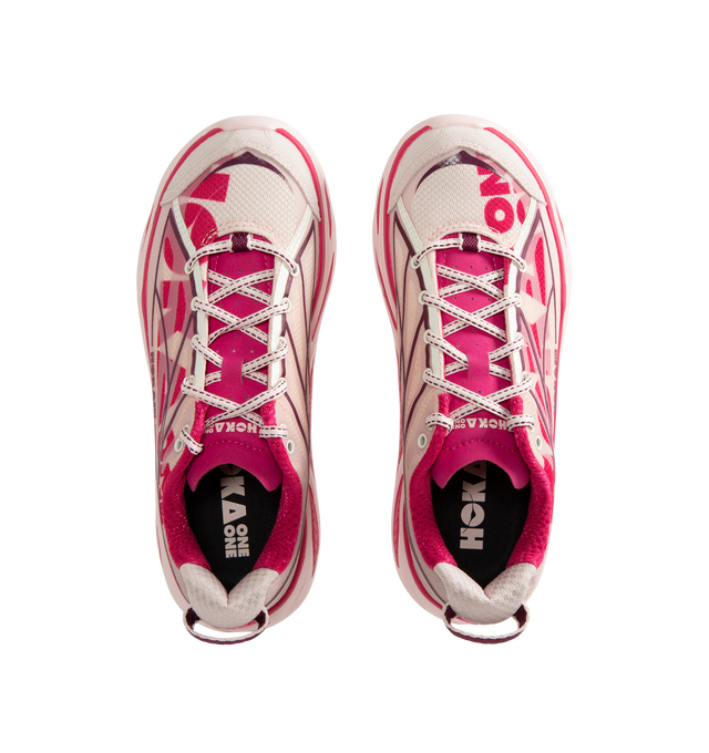 Image 5 of 5 - PINK - HOKA Unisex Huaka Pro is crafted with a lightweight performance upper and features a retro-inspired silhouette drawn from the brands archives. Originally designed as a gravel-to-road trainer, this lifestyle sneaker is updated with a translucent cage, sublimated HOKA graphics, molded eyelets, a microfiber toe cap overlay, and a painted midsole. Finished with original Huaka tooling and a heel pull loop, it combines Y2K-inspired design with everyday comfort. Upper: Lightweight Textile wit 