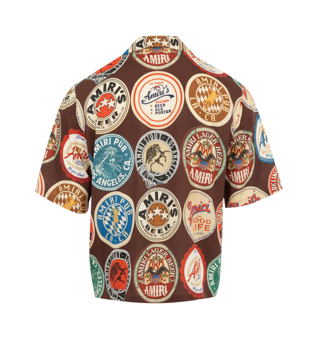 Image 2 of 2 - BROWN - Amiri Coasters Bowling Shirt has a notched collar, a button front closure, a monogram print, and a regular fit. 100% silk. Made in Italy. 