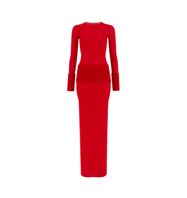 Image 1 of 1 - RED - Alaa Women's Merino Bodycon Dress is crafted from multi-gauge merino wool. The crew-neck design features long sleeves, ribbed hips and cuffs, and an ankle-length silhouette for a sleek bodycon fit. Main Material: 100% wool. Ribbing: 98% wool, 1% elastane, 1% polyamide. Made in Italy. 
