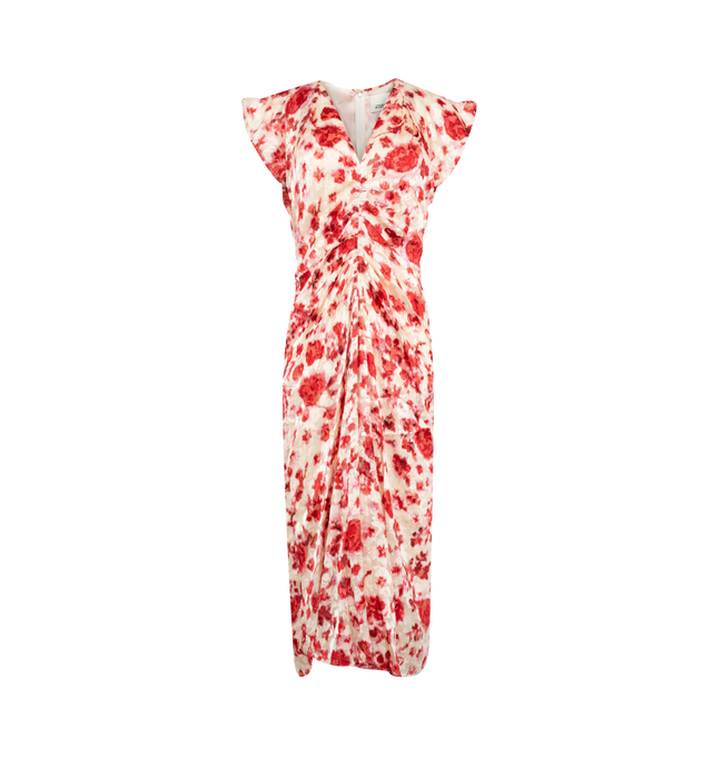 Image 1 of 2 - MULTI - Isabel Marant Womens Lyndsay Dress is crafted from printed devor silk georgette. Features a long fitted silhouette, V-neckline, gathered front, short ruffled sleeves, defined waist, concealed back zip closure, and all-over floral print. Main Material: 55% Viscose, 45% Silk. Made in India. 