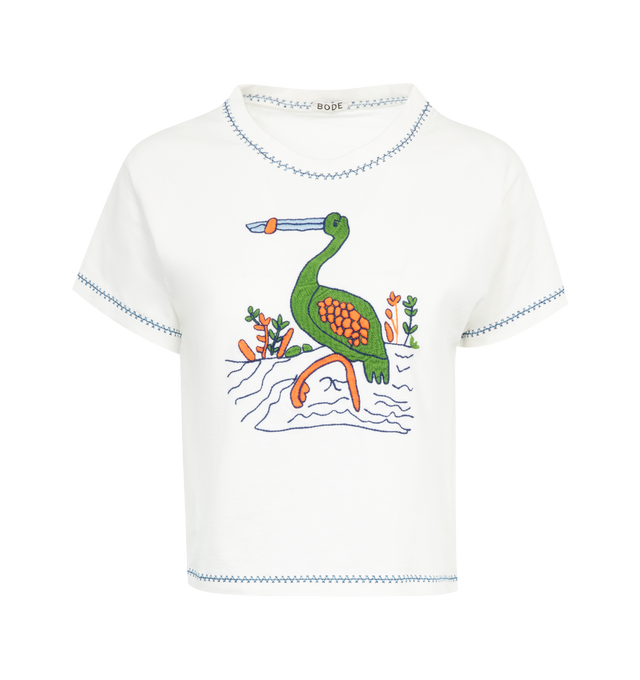 Image 1 of 2 - WHITE - BODE Embroidered Heron Tee featuring embroidered front, crew neck, short sleeves and contrast stitching. 100% cotton. Made in Portugal. 