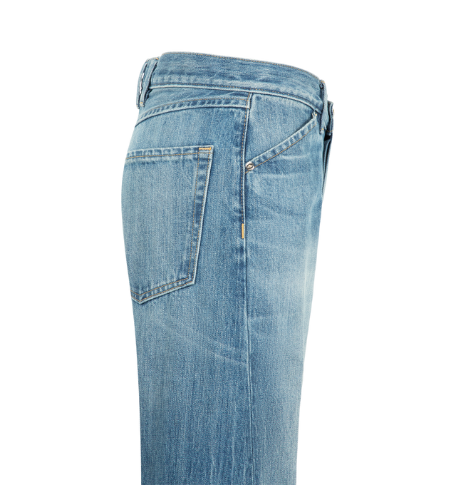 Image 3 of 3 - BLUE - Radh Women's The Bijou Jean is crafted from denim and features a mid-rise silhouette with a cropped wide leg in a faded vintage Dubois wash. Designed for a snug fit through the waist and thigh, this designer jean falls into a full, straight leg that balances structure with ease and is finished with Radh's signature semi-precious gold-tone hardware. Main Material: 5% Regenerative Cotton, 25% Recycled PIW Denim. Hardware: Made in Italy with 60% recycled brass and 100% recycled stainless  