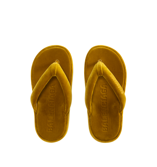 Image 4 of 4 - YELLOW - BALENCIAGA Jet Lag Thong featuring cotton, viscose and elastane, thong sandal, rounded toe, 50mm platform height, padded upper, Balenciaga logo embroidered on the upper of the right foot, Balenciaga logo debossed on the insole, tone-on-tone sole and black outsole. Upper: cotton, viscose, elastane. Sole: TPU. Insole: cotton, viscose, elastane. Made in Italy. 