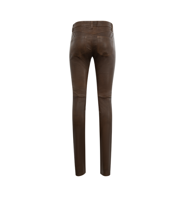 Image 2 of 3 - BROWN - Isabel Marant 100% lambskin leather medium-rise slim-fit pants featuring fitted waistband with loops, 5 classic pockets, engraved metal button tab with a zipper, metal rivets and twill lining. 