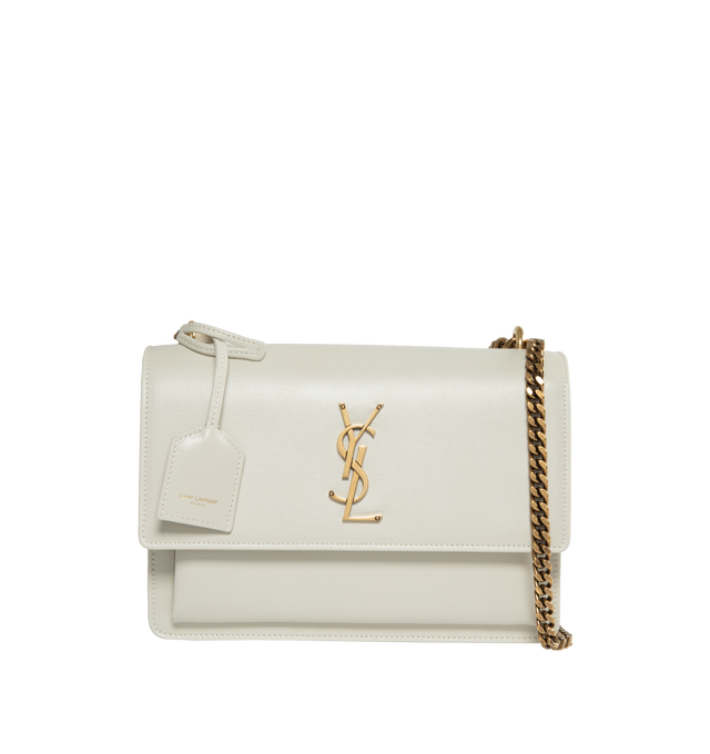 WHITE - SAINT LAURENT YSL Monogram Envelope Bag has a chain shoulder strap, gold-tone hardware, and magnetic snap closure. 8 X 6.2 X 2.5 inches. 100% calfskin leather. Made in Italy. 