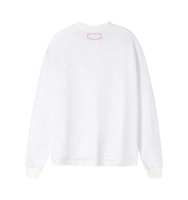 Image 2 of 6 - WHITE - Cherry LA Men's Henley Thermal is crafted from a custom poly-cotton thermal fabric and features a fitted silhouette with a classic Henley neckline. Designed with embroidered detailing at the back and finished with two-hole cat-eye buttons, this everyday essential combines vintage-inspired thermal styling with Cherry LA's signature craftsmanship. Main Material: Custom Poly-Cotton Thermal. Made in Los Angeles, California. 
