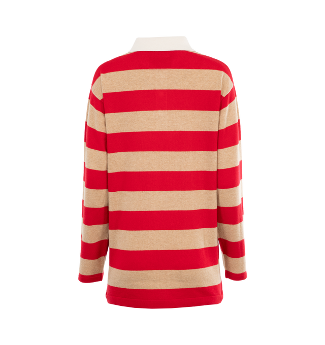 Image 2 of 3 - RED - Guest in Residence Rugby Sweater made from medium weight knit cashmere in two color jersey stripe. Unisex style in men's sizing, intended for a relaxed fit. Features shirt collar with hidden 3-button closure, jersey tubular finish at hem and cuffs, side slit at hem, with signature GIR branding at center back. 100% premium cashmere sourced from inner Mongolia, manufactured in China. 