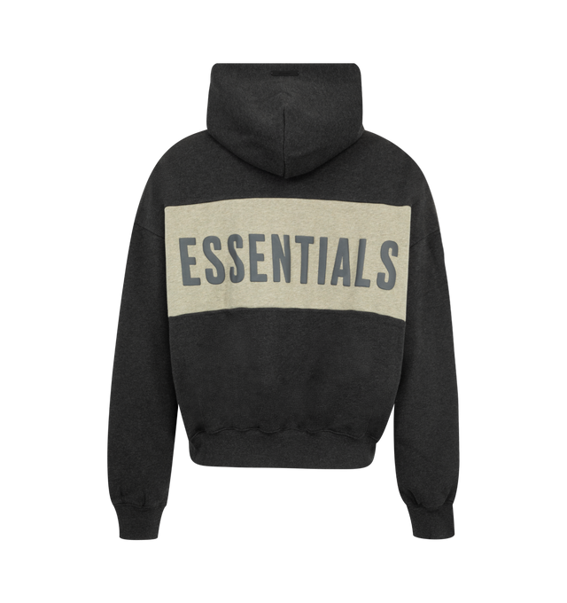 Image 2 of 3 - GREY - Fear of God Essentials Mens Cropped Relaxed Paneled Hoodie is crafted from heavyweight 380 GSM cotton-blend core fleece. Features a relaxed cropped fit, paneled construction, hood, side pockets, ribbed cuffs and hem, puff-printed Fear of God graphic at the front, puff-printed Essentials graphic at the back, and an Essentials signature label on the hood. Main Material: 80% Cotton, 20% Polyester. 