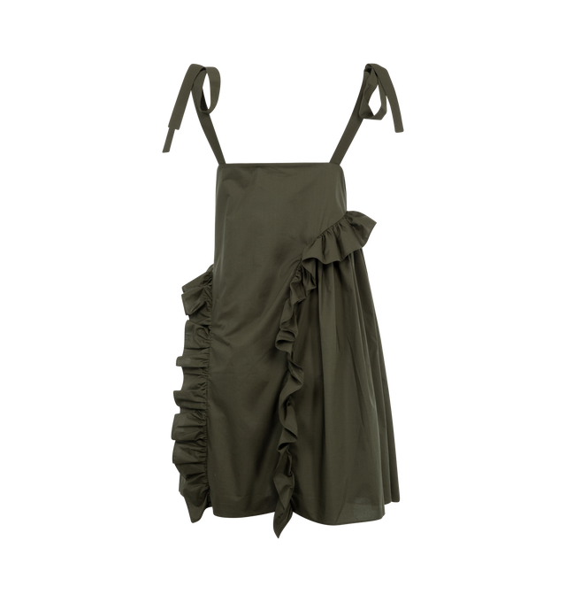 Image 2 of 2 - GREEN - Cecilie Bahnsen Agata dress is an expression of ease and girlhood crafted from pine green cotton. Held up by asymmetric bow straps, two ruffles playfully run across each side of the skirt to create illusory volumes. 100% COTTON. 