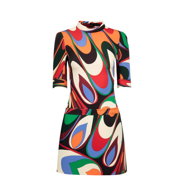 MULTI - Pucci 1960s-inspired slim fit mini dress in a psychedelic print in an array of bold hues. Featuring mini-length silhouette, mock neck, short sleeves with button cuffs, A-line skirt and concealed zip back fastening. 96% polyester, 4% elastane; lining: 67% acetate, 33% polyester. Made in Italy. Fits small to size; we recommend selecting one size bigger.
