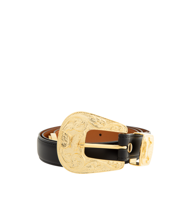 Image 1 of 2 - BLACK - Needles Men's Papillon Western Tip Belt is crafted from buffed leather and features a classic western-inspired silhouette with a pointed tip, a pin-buckle fastening, and the brand's signature Papillon motif. Finished with logo-engraved silver-tone hardware, this belt combines traditional detailing with Needles' distinctive design language. Main Material: Buffed Leather. Closure: Pin Buckle. Hardware: Logo-Engraved Silver-Tone Metal. Made in Japan. 