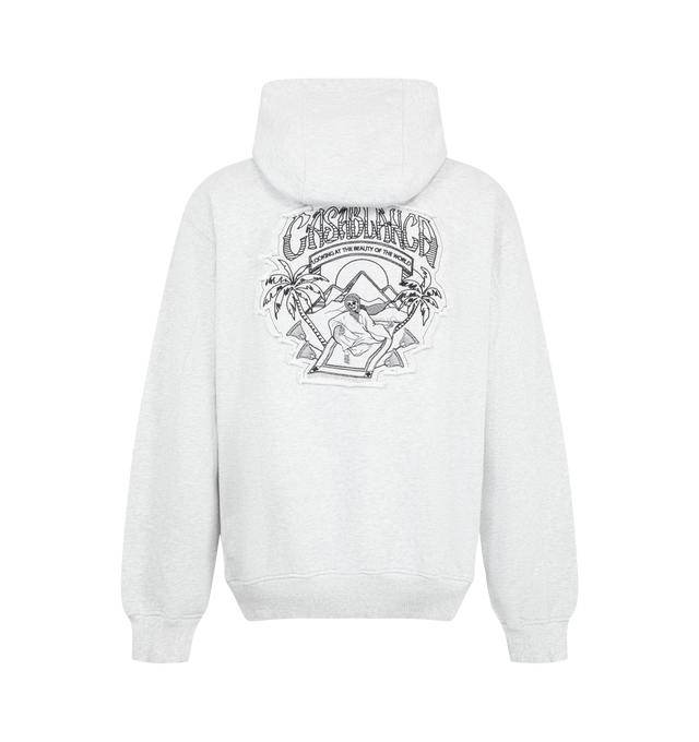 Image 2 of 2 - GREY - Casablanca Men's Graphic Applique Classic Hoodie is crafted from cotton and features a graphic applique design that showcases the house's distinctive visual language. Designed in a classic hoodie silhouette, it is finished with an adjustable drawstring hood, long sleeves, ribbed cuffs and hem, and a kangaroo pocket. Main Material: Cotton.  