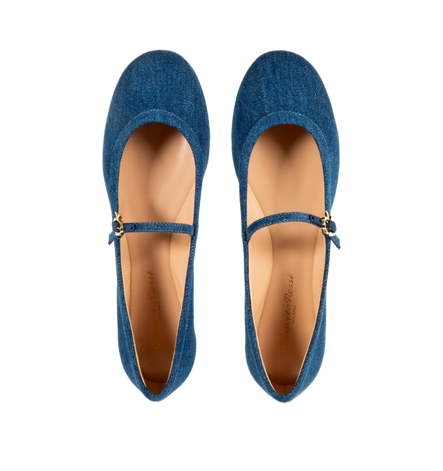 Image 4 of 4 - BLUE - GIANVITO ROSSI Carla Flats crafted from denim in a flat ballerina style with a round toe and a rubber sole. The iconic Ribbon buckle, signature of the brand, enriches the front Mary Jane strap. Handmade in Italy. Heel height: 0.2 inches. 