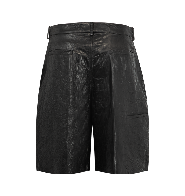 Image 2 of 3 - BLACK - Rick Owens Mens Leather Work Shorts are crafted from a textured leather material. Feature a knee-length silhouette, button closure with belt loops, diagonal side pockets, back pockets, and pressed front and back creases. Main Material: 100% Leather. Made in Moldova. 