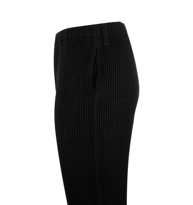 Image 3 of 3 - BLACK - Issey Miyake Wool Like Light Pants have a button fly design with belt loops, side pockets, and a soft and supple texture. 100% polyester. Made in the Phillippines.  