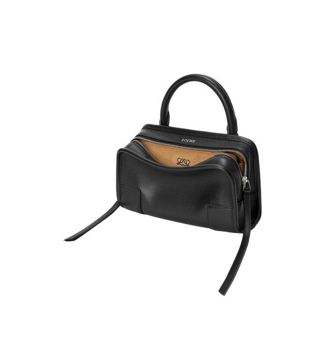 Image 3 of 11 - BLACK - LOEWE Mini Amazona 180 Bag in soft calfskin featuring two carry options: short handle, removable and adjustable crossbody strap, zip closure with two leather zip pullers, two compartments, main compartment closed with magnetic closure, left side d-ring for customization, suede lining, embossed LOEWE and embossed double L branding. Soft calfskin. 11.5 cm x 20 cm x 7 cm. Made in Spain. 