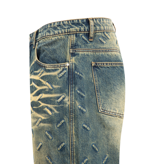 Image 3 of 3 - BLUE - WHO DECIDES WAR Thread Plate Denim featuring non-stretch denim, zip fly and button closure, 5-pocket styling, an allover thread plate pattern, regular fit and flared cut. 100% cotton. 