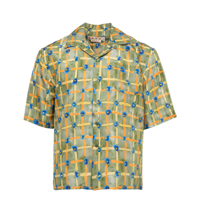 Image 1 of 3 - GREEN - MARNI Saraband Shirt featuring graphic pattern printed throughout, open spread collar, button closure, patch pocket and droptail hem. 100% silk. Made in Romania. 