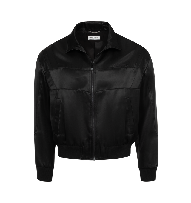Image 1 of 2 - BLACK - SAINT LAURENT Teddy Satin Jacket featuring stand collar, zip closure, logo embroidered on chest, two welt pockets and ribbed cuffs and hem. 59% viscose, 41% silk.  