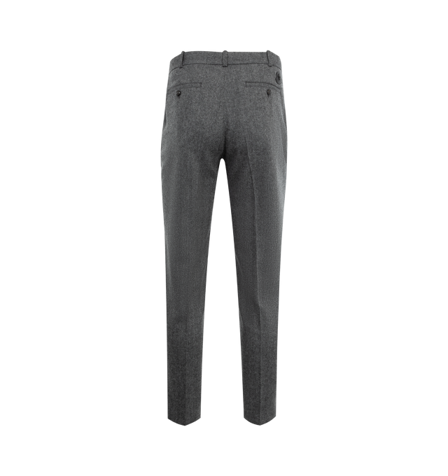 Image 2 of 3 - GREY - MONCLER Wool Blend Pants featuring wool and nylon blend, waistband with drawstring fastening, zipper closure, pockets with button closure and leather logo patch. 80% virgin wool, 20% polyamide/nylon. 