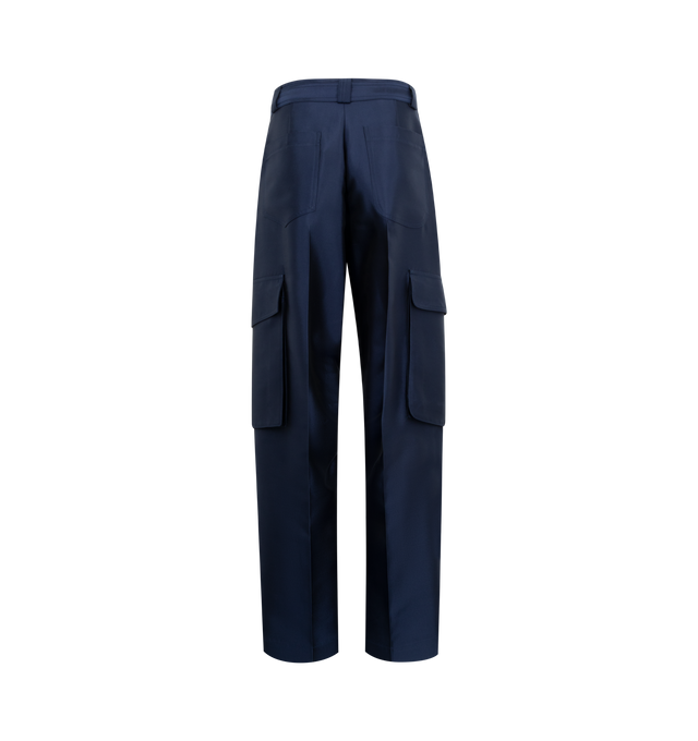 Image 2 of 3 - NAVY - Christopher John Rogers Cargo Pants have a button zip fastening, a belted high-rise waist with pleats, side hip pockets, and back patch pockets. 70% cotton, 30% polyester. Made in USA.  