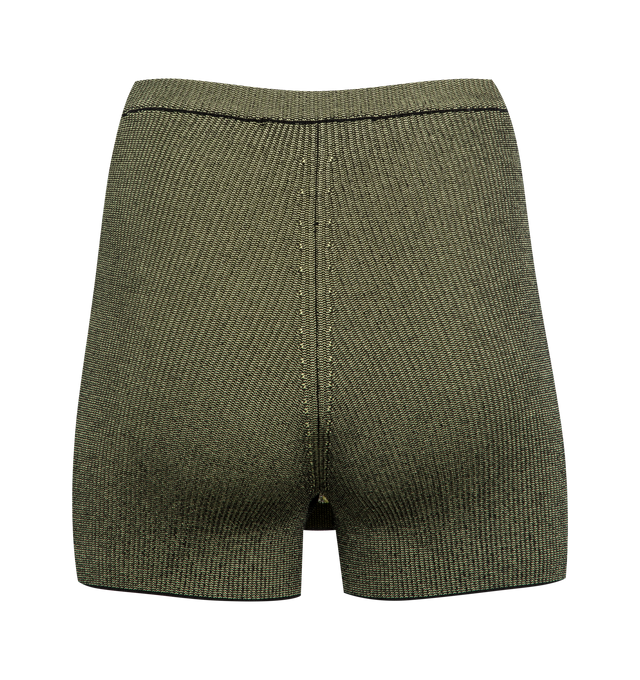 Image 2 of 2 - GREEN - JACQUEMUS Marino Culottes Shorts featuring high-waist, braided motif stretch viscose, contrast ribbed waist, details and hem, apron front panel, trompe loeil pocket, embroidered logo and visible shorts in the back. 93% viscose, 4% polyester, 3% elastane. Made in Bulgaria. 