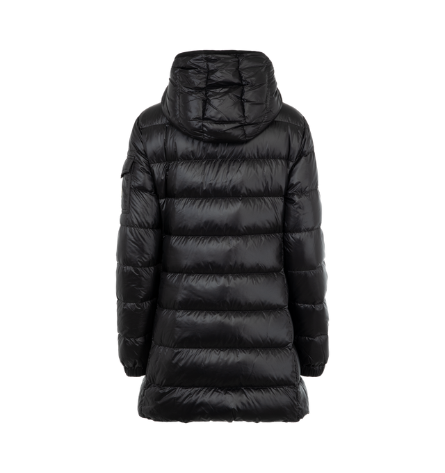 Image 2 of 3 - BLACK - Moncler Glements Short Parka has an attached hood, a 2-way zip closure, an inner front flap, front zip pockets, a sleeve flap pocket with a snap button, ribbed cuffs, and a logo detail. Lined.  