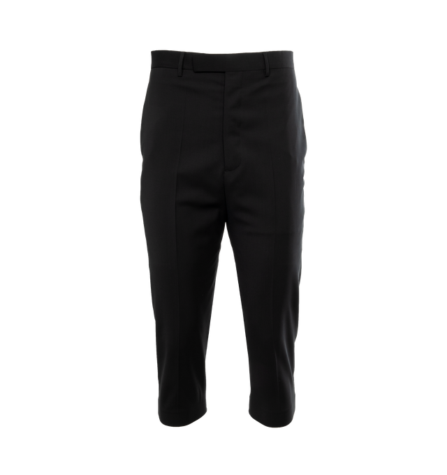 Image 1 of 4 - BLACK - RICK OWENS Astaires Cropped Pants featuring mid calf length, slim fit, classic waistband, concealed button fly, wrap button closure, belt loops, two side slit pockets, two back welt pockets and pressed creases. 100% new wool. Lining: 100% cupro.  