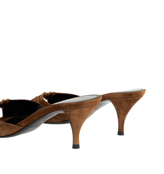 Image 3 of 4 - BROWN - Saint Laurent Babylone kitten-heel mule sandals with a pointed peep toe, gathered calfskin suede upper decorated with the CASSANDRE in bronze-tone metal, 6cm kitten heel and leather sole. Made in Italy. 