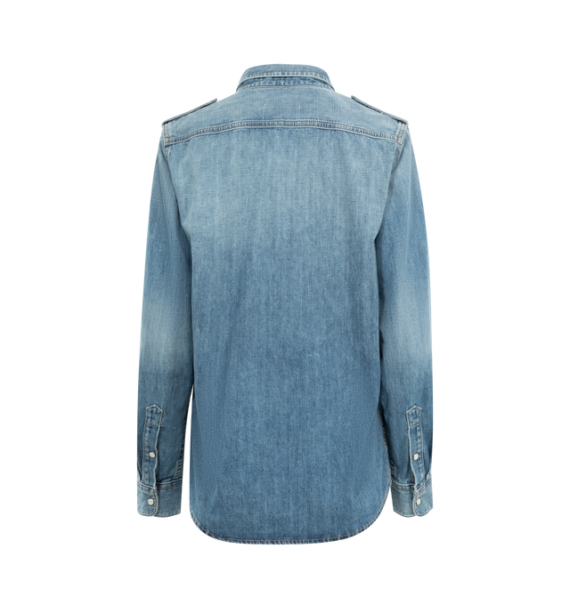 Image 2 of 2 - BLUE - NILI LOTAN Nais Denim Shirt featuring a faded wash with silvery snaps, front snap closure, spread collar, long sleeves with snap cuffs and chest snap-flap patch pockets. 100% cotton. 