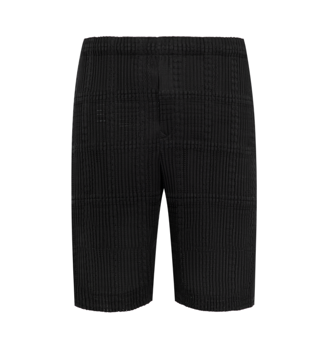 Image 1 of 3 - BLACK - Issey Miyake Men's Lace Grid Pleats Pants are crafted from a lightweight polyester and cotton blend and feature the house's signature pleated construction with a distinctive grid-inspired texture. Designed with an elasticated drawstring waistband for an adjustable fit, these designer pants are finished with a button-fly front and functional side pockets, combining innovative textile design with everyday comfort. Main Material: 75% Polyester, 25% Cotton. Waist: Elasticated with Drawstr 