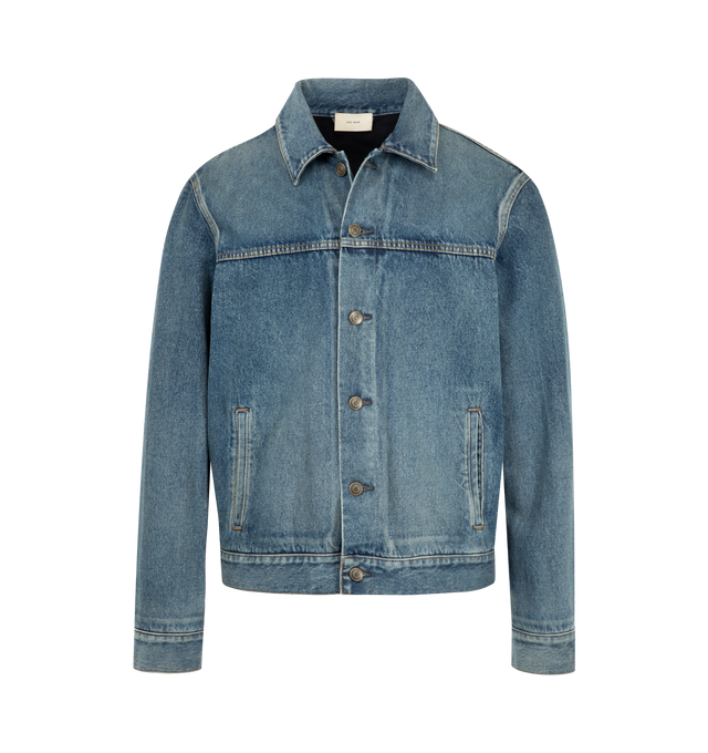 Image 1 of 3 - BLUE - The Row Men's Mendo Jacket is crafted from structured cotton denim with a soft hand and faded, worn-in appearance. Designed with a classic collar, paneled yoke construction, vertical welt pockets, and a front placket with shank button closure, this designer denim jacket is fully lined in brushed cotton flannel for added comfort and warmth. Main Material: 100% Cotton Denim. Lining: 100% Brushed Cotton Flannel. Closure: Shank Buttons. Pockets: Vertical Welt Pockets. Made in Japan. 