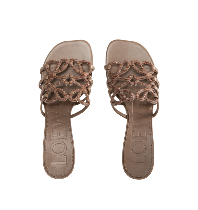 Image 4 of 4 - BROWN - LOEWE Petal Anagram Slide in rhinestone-embellished suede featuring a cut-out Anagram upper with hand-painted edges, hand-stitched seams, 45mm heel, embossed LOEWE insole, padded leather insole and rubber-injected island on the outsole. Suede/strass. Made in Italy. 
