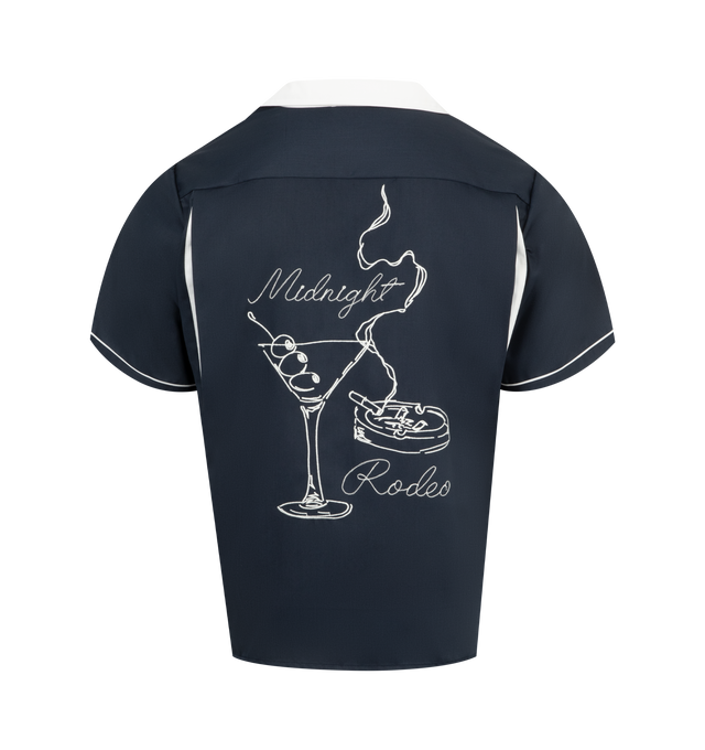 Image 2 of 2 - NAVY - MIDNIGHT RODEO Bowler Shirt featuring camp collar, contrast details, Midnight Rodeo chest embroidery, chest pockets, Midnight Rodeo back embroidery and back vents. 