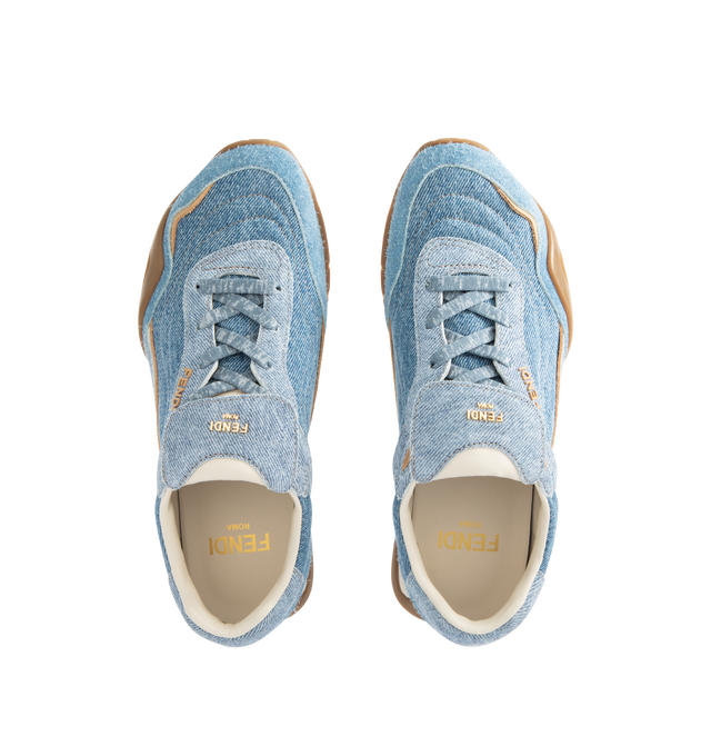 Image 5 of 5 - BLUE - FENDI Wave Pulse Sneaker featuring low-top, lace-up, suede and denim with and tone-on-tone suede-effect printed details, inserts and folded tongue made of the same material, mlange tubular laces, three-dimensional rubber logo on the side, gold-colored metal Fendi logo on the tongue, rubber running sole with wraparound edge on the side and diagonal F motif. 100% calfskin. Inside: 100% lambskin. Made in Italy. 