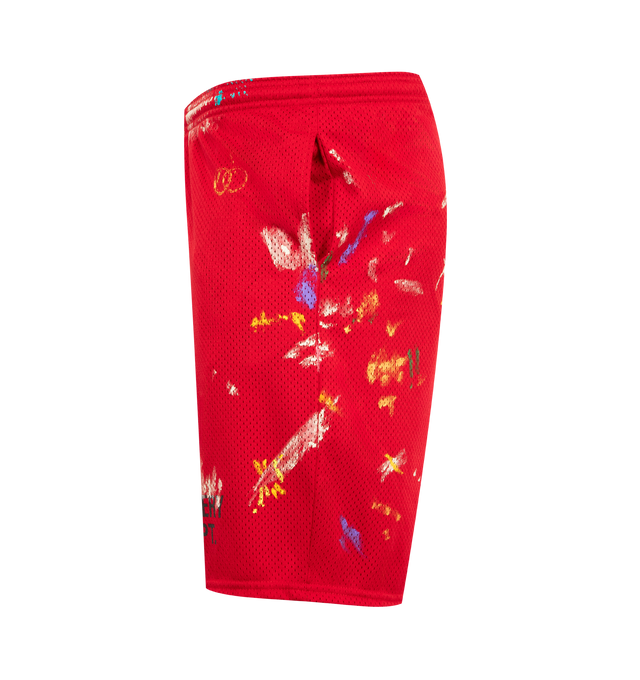 Image 3 of 3 - RED - GALLERY DEPT. Studio Gym Shorts featuring breathable mesh shorts with a logo print, elasticated waistband, paint-splatter details, an inner drawstring, and front slip pockets. Mesh. 