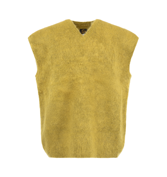 Image 1 of 2 - GREEN - Needles Men's Mohair Knit Vest is crafted from a luxurious mohair blend and features a relaxed V-neck silhouette with slightly broad shoulders, allowing for versatile layering. Returning after a popular debut, this lightweight knit offers exceptional warmth while showcasing the rich color depth and subtle sheen characteristic of long-staple mohair fibers. Main Material: 55% Mohair, 30% Nylon, 15% Wool. Made in Japan. 