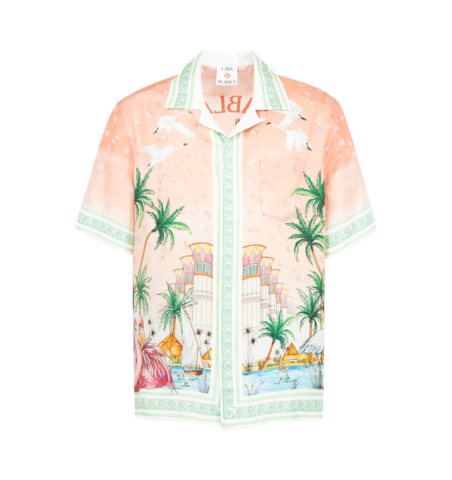 Image 1 of 2 - ORANGE - CASABLANCA Ethereal Cuban Collar Shirt featuring graphic print, cuban collar, short sleeves, chest patch pocket, concealed front fastening, straight hem and relaxed fit. 100% silk. Made in Italy.  