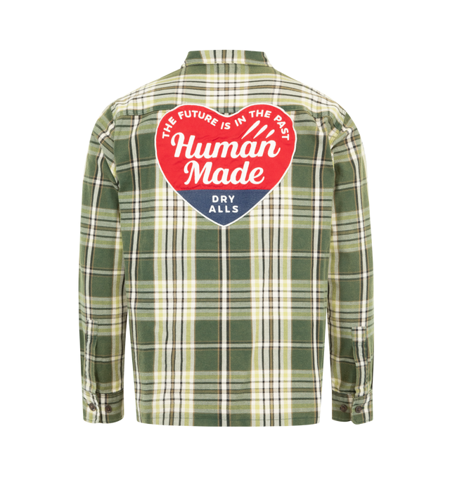 Image 2 of 2 - GREEN - HUMAN MADE Heart Patch Check Shirt featuring a classic check flannel, front embroidered logo, oversized back patch, two chest pockets and button closure. 100% cotton. 
