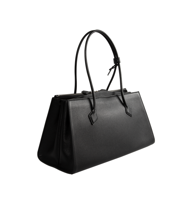 Image 2 of 3 - BLACK - ALAA LE TECKEL elevated functional tote bag crafted from shiny grained calfskin leather with signature geometrical details, long tubular handles with decorative ties, two large gussets with magnetic closure and one front pocket with double zip closure. Shoulder carry. Dimensions (cm) : L 42 X H 21 X D 19. Made in Italy. 