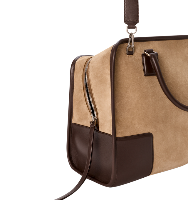 Image 14 of 16 - BROWN - Loewe Mens Amazona 180 XL Bag is crafted from suede with soft calfskin details. Features a relaxed silhouette, single toron top handle, removable shoulder handle, adjustable crossbody strap, zip closure with two leather pullers, two compartments with concealed magnetic closure, interior flat pocket, side D-ring, suede and nappa lambskin lining, palladium-tone hardware, and embossed LOEWE and Double L branding. Dimensions: 40  31  16 cm; Strap Length: 105133 cm; Strap Drop: 4761 cm;  