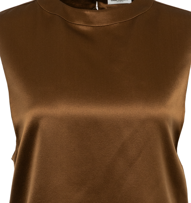 Image 3 of 3 - BROWN - SAINT LAURENT Silk Satin Crepe Top featuring wide trimmed round neck, button closure at back of neck and plunging armscyles. 100% silk.  