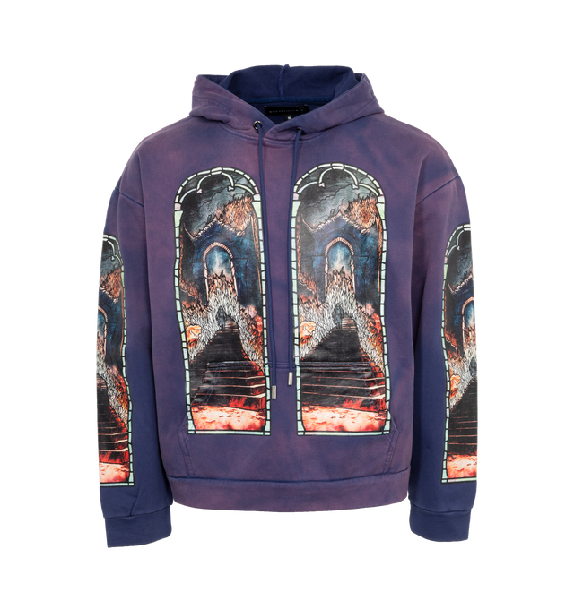 PURPLE - WHO DECIDES WAR Descent Hoodie featuring french terry, fading and graphics printed throughout, drawstring at hood, kangaroo pocket and dropped shoulders. 100% cotton. Made in China.
