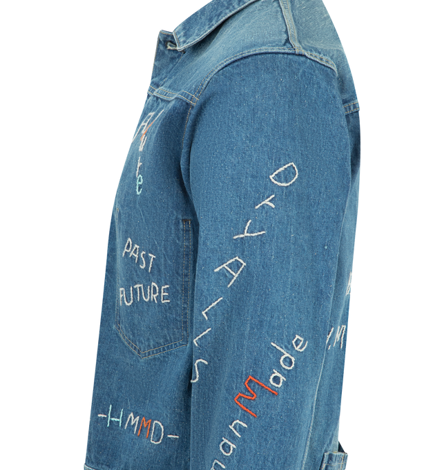 Image 3 of 3 - BLUE - HUMAN MADE Embroidered Denim Work Jacket featuring classic silhouette, textured selvedge denim, hand-drawn graphics, front button closure, embroidery, left front inner pocket with heart stitching, heart-shaped rivets and adjustable fit with cinch back. 100% cotton. Made in Japan.  