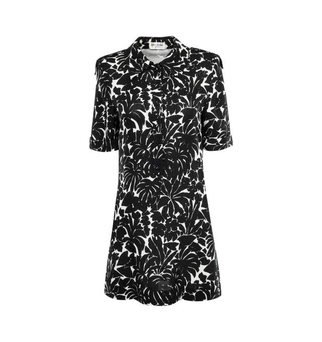 BLACK - Saint Laurent short dress with pointed collar, padded shoulders, epaulets and short sleeves with upturned cuffs, front button placket. Viscose with silk lining.  Made in Italy.