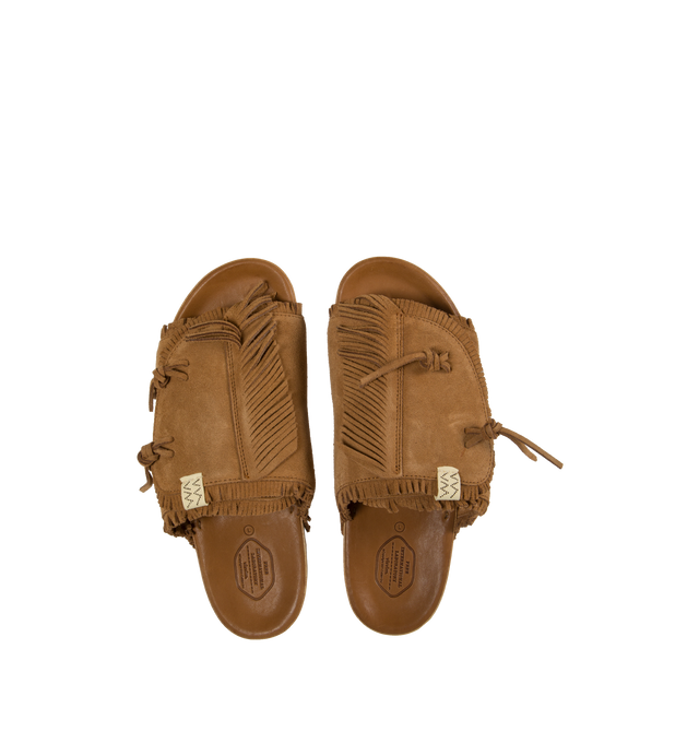 Image 4 of 4 - BROWN - VISVIM Christo Shaman-Folk Slides featuring a cork footbed, suede upper, fringed detailing and custom Vibram rubber heel.  