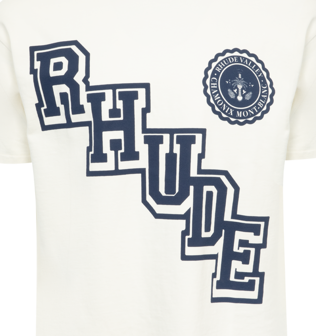 Image 2 of 2 - WHITE - RHUDE Collegiate Crest T-Shirt featuring rib knit crewneck, short sleeves, straight hem and logo graphic printed at front. 100% cotton. 