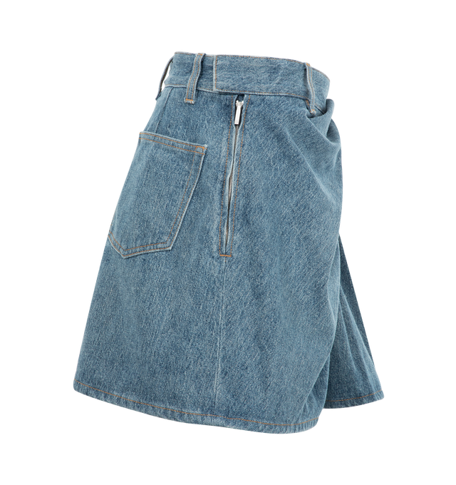 Image 3 of 3 - BLUE - Loewe Draped denim miniskirt featuring back patch pocket, front logo, draped detail, belt loops, mini length and visible stitching. 100% cotton. Made in Italy. 