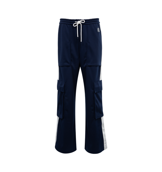 Image 1 of 3 - BLUE - LOEWE Cargo Tracksuit Trousers featuring regular fit, mid waist, loose leg, elasticated waistband with drawstring, welt pockets, cargo pockets, rear flap pockets with concealed snaps, herringbone tape at the sides and anagram embroidery placed at the front. 100% polyester. Made in Italy. 